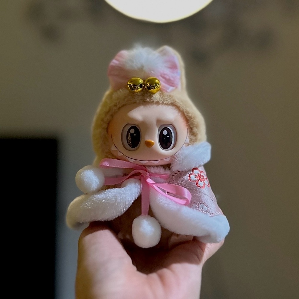✨POP MART LABUBU Have A Seat Plush Pendent Baba With Pink Bow Bell Floral Outfit
